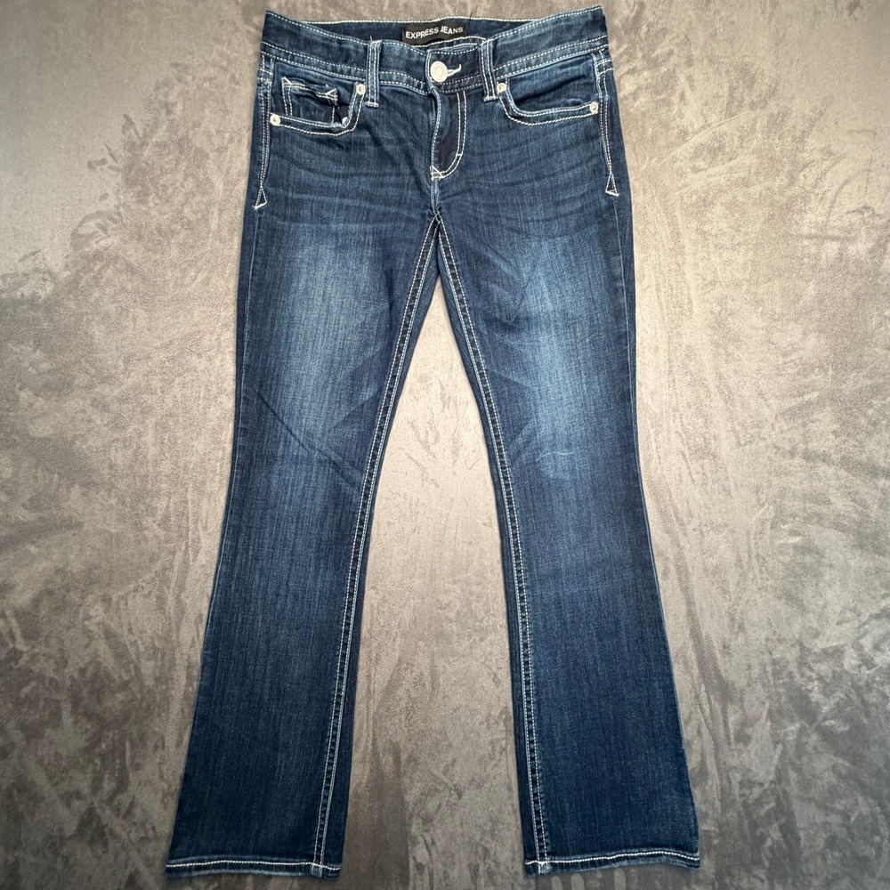 VTG Express Barely Boot Jeans Womens 31 Dark Wash Low Rise Contrast Stitch Y2K